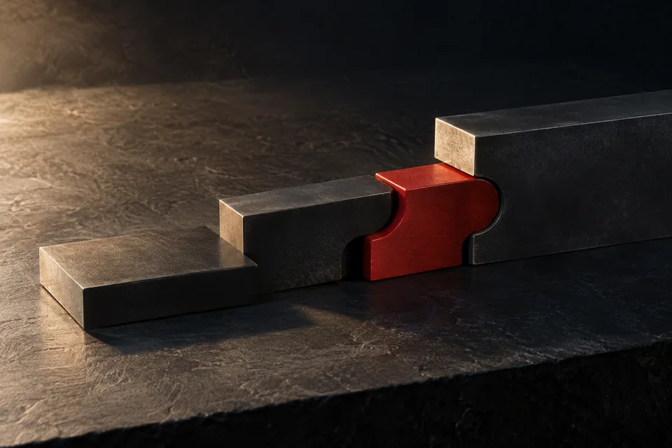 Bloques de metal escalonados unidos por una pieza roja que encaja con precisión.
