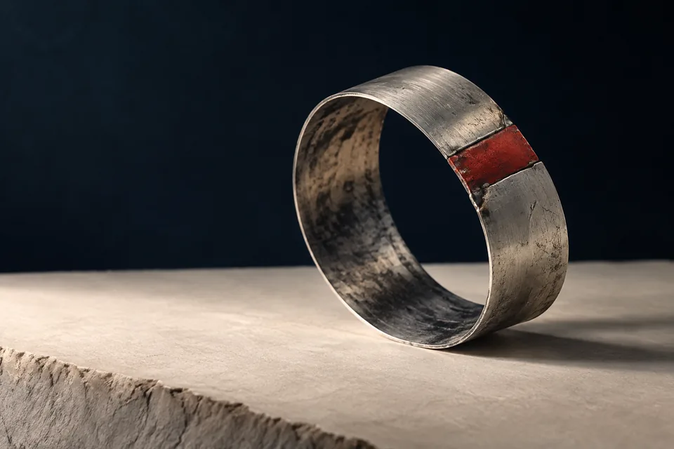 Un anillo de metal gastado con un tramo rojo, apoyado sobre una superficie de piedra.