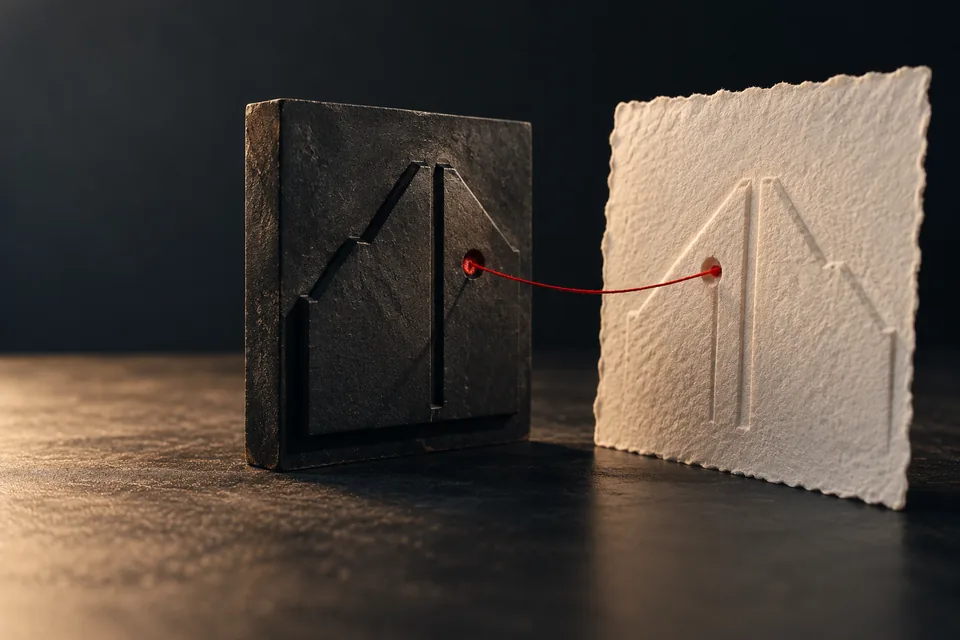 Un molde de metal y su relieve en papel, unidos por un hilo rojo.